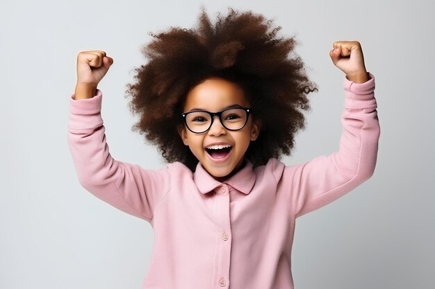 Uma jovem negra está a celebrar com as mãos no ar.