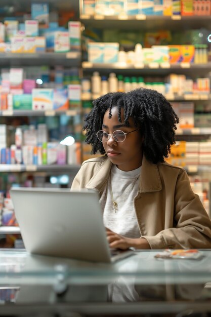 Uma jovem negra está a usar um portátil para gerir uma farmácia.