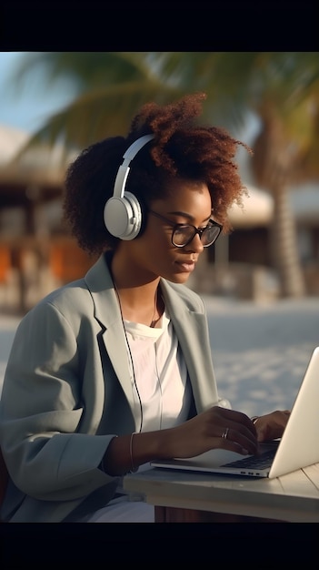 uma jovem negra trabalhando com seu laptop em um fundo de atmosfera relaxante à beira-mar