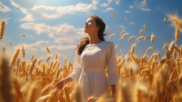 Uma jovem no meio de campos de trigo balançados