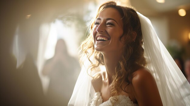 Foto uma jovem noiva em seu casamento de verão expressando emoção genuína