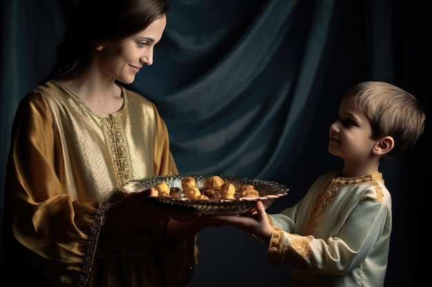 Uma jovem oferece um prato de doces para uma mulher mais velha