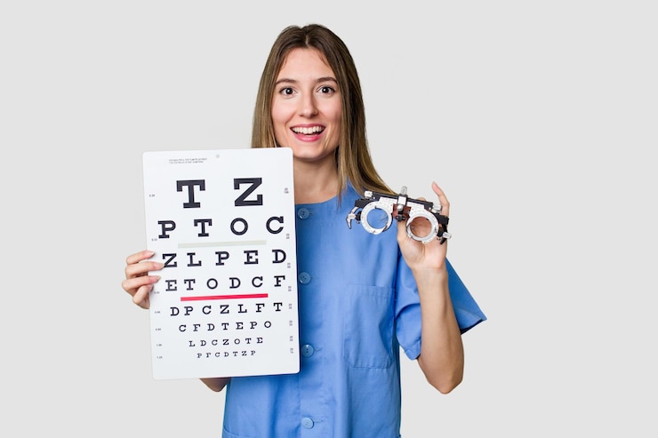 Foto uma jovem optometrista segurando óculos e um teste de visão garantindo cuidados oculares adequados
