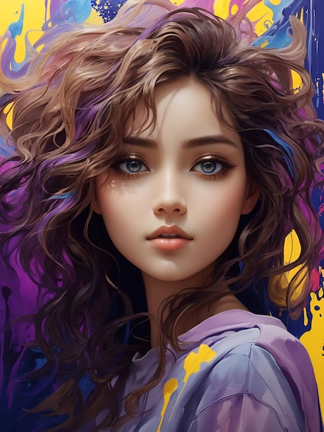 Uma jovem ou menina moderna e realista em estilo colorido olhando para a câmera