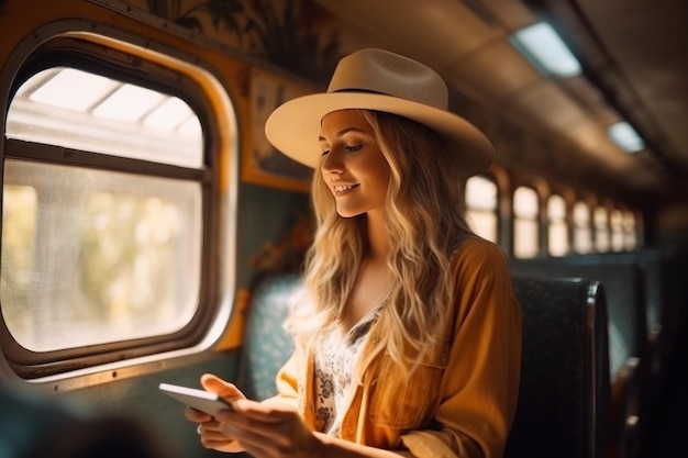 Uma jovem parte para uma viagem sozinha usando um trem para viajar e os turistas viajam com os moradores locais em trens