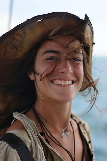 Uma jovem pirata sorridente com um chapéu contra um fundo oceânico com o cabelo varrido pelo vento