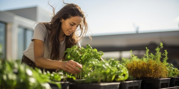 Foto uma jovem planta plantas no telhado de um edifício contemporâneo sistema ecológico estável ia geradora