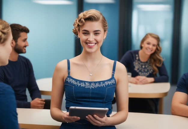 Uma jovem positiva segurando um tablet está em uma sala de aula seu sorriso envolvente e interativo