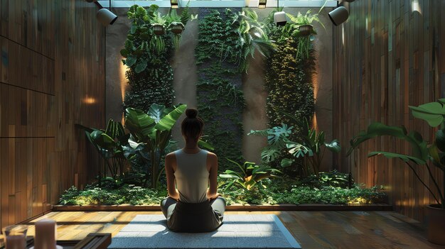 Foto uma jovem pratica ioga em uma bela sala com uma parede verde cheia de plantas