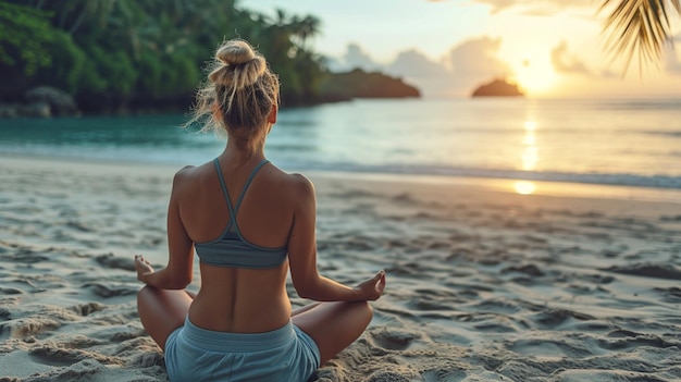 Foto uma jovem pratica meditação no fundo