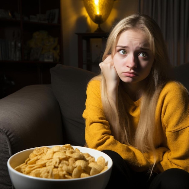 Foto uma jovem preguiçosa com uma tigela de batatas fritas a ver televisão no sofá em casa.