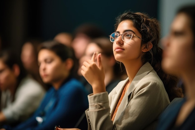 Uma jovem professora e seus alunos em uma foto de perto durante um seminário ou oficina de IA gerativa