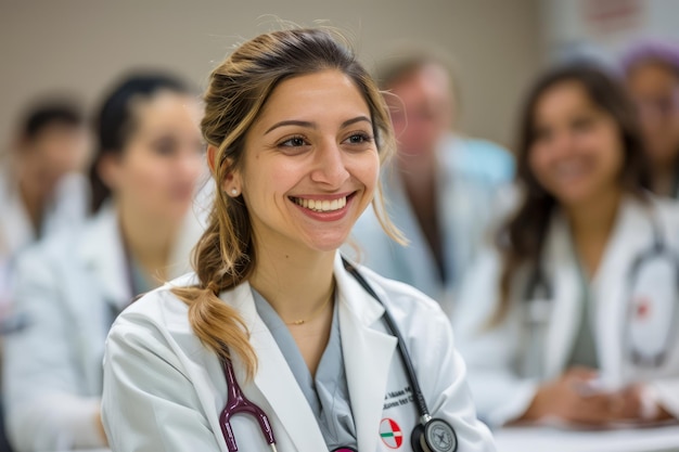 Uma jovem profissional de saúde sorridente em casaco de laboratório com colegas de fundo no Medical