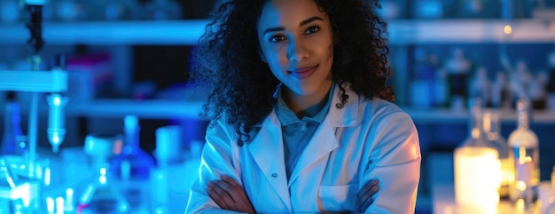 Foto uma jovem profissional no meio do azul etéreo do seu laboratório noturno, equilibrada com uma experiência relaxada.