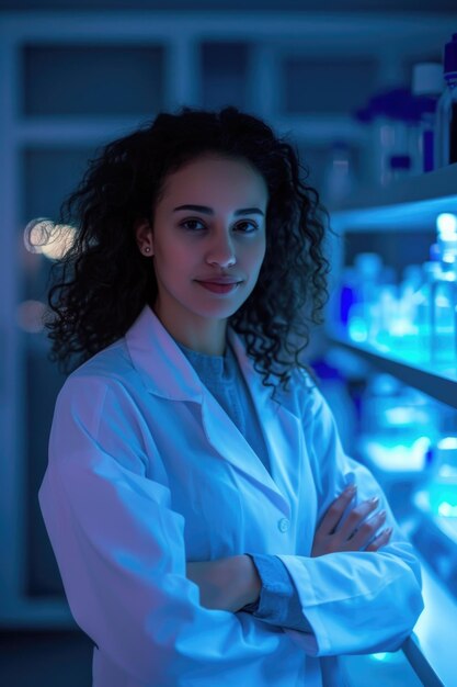 Uma jovem profissional no meio do azul etéreo do seu laboratório noturno, equilibrada com uma experiência relaxada.