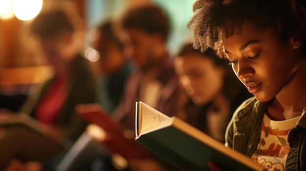 Uma jovem profundamente absorta na leitura de um livro com outras pessoas ao seu redor