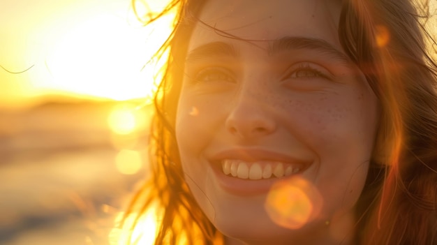Uma jovem radiante sorrindo ao pôr-do-sol na praia Um retrato de felicidade e luz