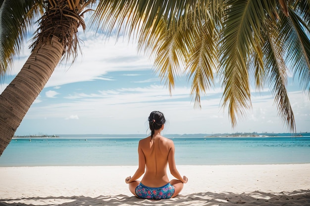 Uma jovem relaxa na costa de uma ilha tropical sob palmeiras Generative AI