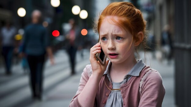 Foto uma jovem ruiva chateada está a falar ao telemóvel.