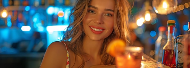 Foto uma jovem satisfeita a desfrutar de um martini à noite no balcão do bar