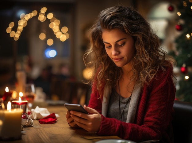 Uma jovem se senta à mesa de Natal e olha para o telefone