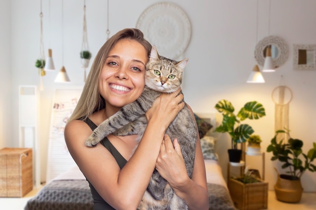 Foto uma jovem segura um jovem gato malhado nas mãos sobre um fundo de um quarto aconchegante. harmonia e conforto