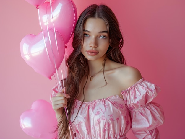 uma jovem segurando balões em forma de coração em um fundo rosa