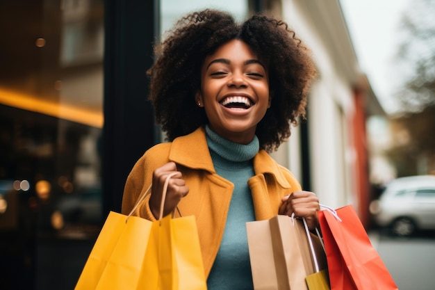 Uma jovem segurando sacolas de compras enquanto sorri brilhantemente criada com IA generativa