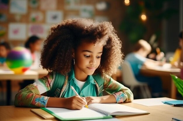 Foto uma jovem sentada à mesa escrevendo em um caderno