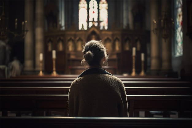 Uma jovem sentada dentro da igreja