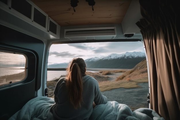 Uma jovem sentada em uma caravana olhando para uma bela vista Generatie ai