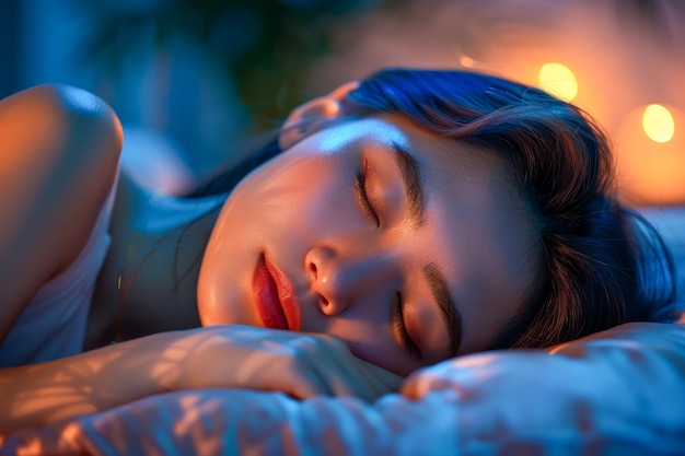 Uma jovem serena dormindo tranquilamente à noite com um ambiente de sonho à luz de velas.