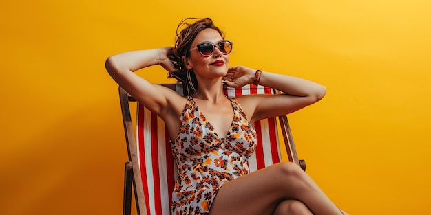 Uma jovem serena em trajes de verão relaxa em uma cadeira de decoração com as mãos atrás da cabeça contra um fundo amarelo simples que incorpora a ideia de férias pacíficas no exterior
