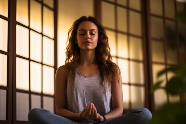 Uma jovem serena meditando em casa promovendo bem-estar e atenção plena Generative Ai