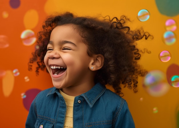 Foto uma jovem soprando bolhas e rindo de alegria contra um fundo colorido