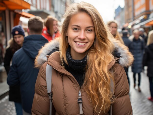 uma jovem sorridente com um casaco em uma rua da cidade