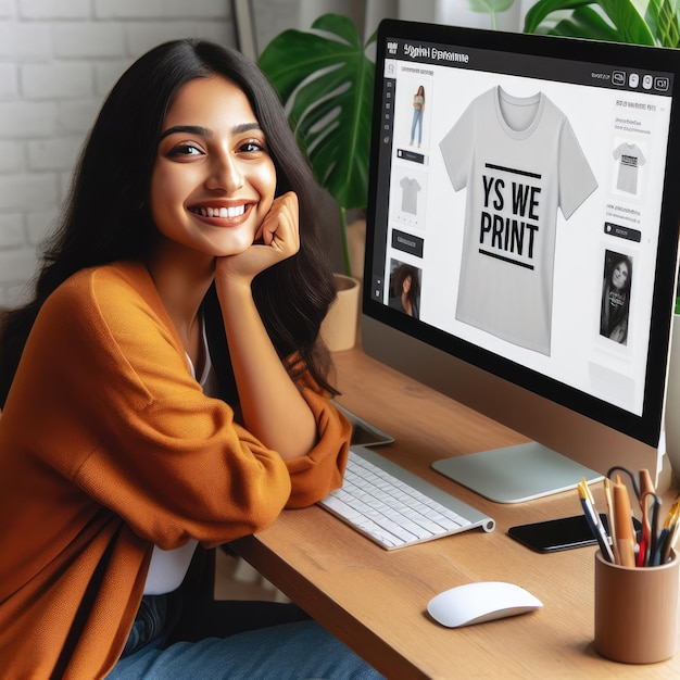 Uma jovem sorridente desenha uma camiseta com um laptop