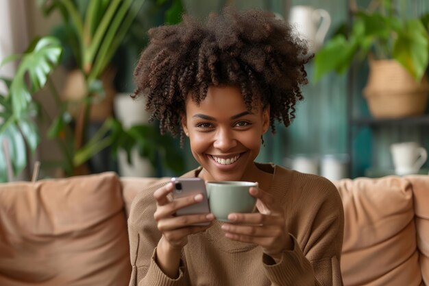 Uma jovem sorridente e bela mulher afro-americana segura um smartphone enquanto desfruta de uma chávena de chá ou