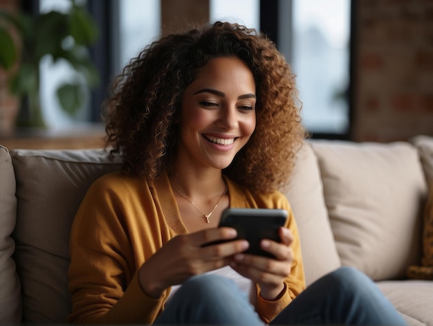 Uma jovem sorridente e relaxada sentada no sofá usando um telefone celular