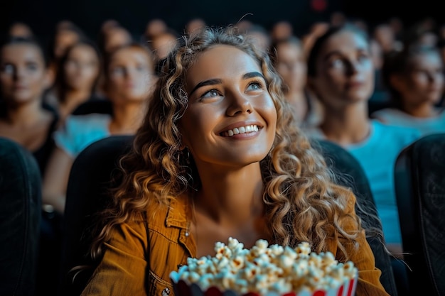 Uma jovem sorridente está vendo um filme no cinema e comendo pipoca