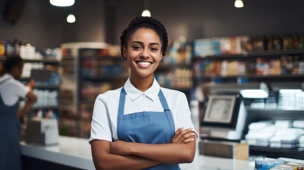 Uma jovem sorridente estava em frente ao balcão com os braços cruzados com um trabalhador do supermercado olhando para a câmera