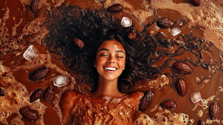 Foto uma jovem sorridente flutuando em uma piscina fresca de suco de cacau castanho rico com cubos de gelo