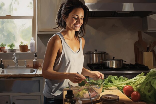 Foto uma jovem sorridente na cozinha.