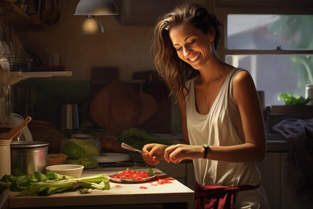 Uma jovem sorridente na cozinha.