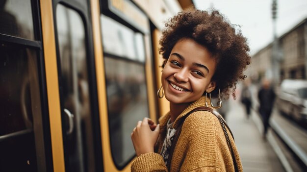 Foto uma jovem sorridente segura a maçaneta de um ônibus público generative ai