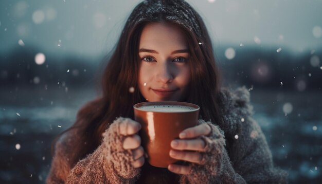 Uma jovem sorridente segura café quente ao ar livre gerado por IA