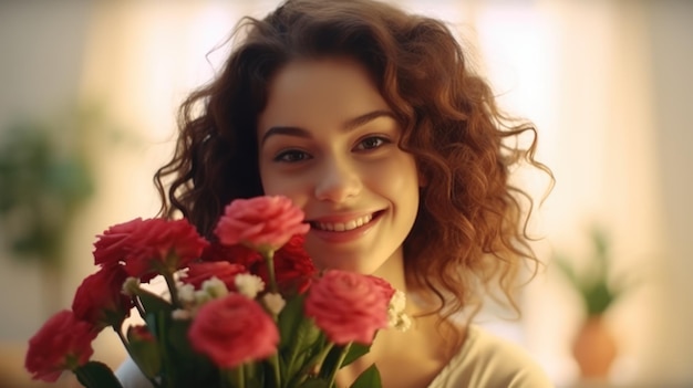 Uma jovem sorridente segura um belo buquê de rosas cor-de-rosa no dia de São Valentim.