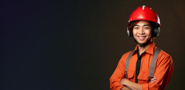 uma jovem sorridente vestindo roupas de engenheiro na frente de um fundo preto