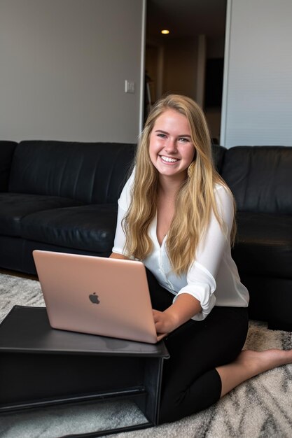 Uma jovem sorrindo com um laptop aberto no chão de sua sala de estar criada com IA generativa