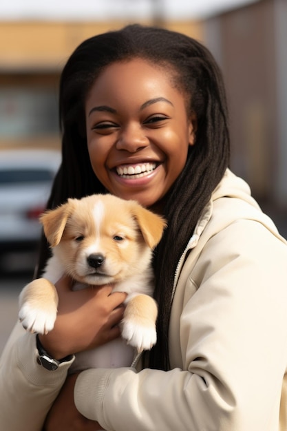 Uma jovem sorrindo enquanto mostra o cachorrinho que está segurando